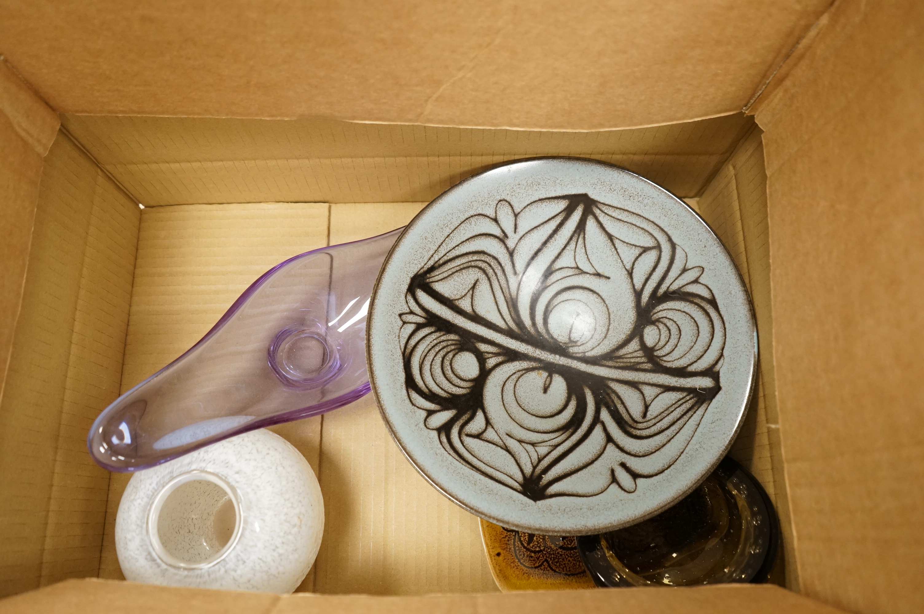 Seven pieces of modern glass to include Royal Brierley and Whitefriars, together a collection of Poole and Studio pottery